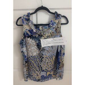 Talbots Blue Floral Ruffle Neck Sleeveless Top Size L